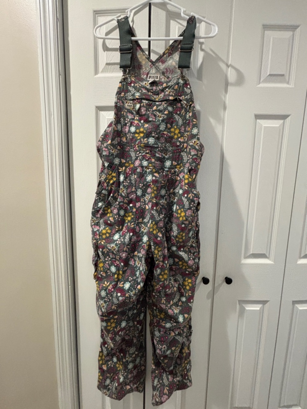 Duluth Trading Co Floral Print Overalls in Muted Green  and Multicolor